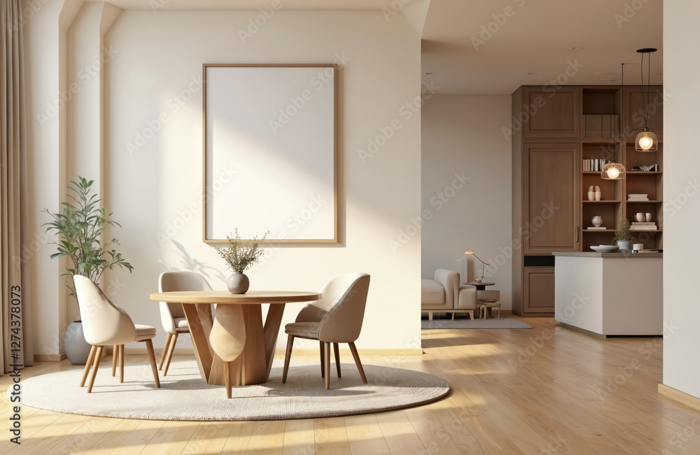 Fototapeta premium Illustration of light apartment interior with decor. Round wooden table and chairs in relax zone with mockup blank frame, plant. Stylish modern apartment design with hardwood floor and beige walls.
