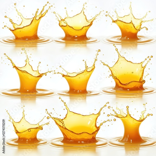 Collection array of vibrant yellow water splashes suspended in mid-air frozen in exquisite detail. Liquid drops with circular ripples. Juice beverage sweet drink concept. Summer refresh. Wet,