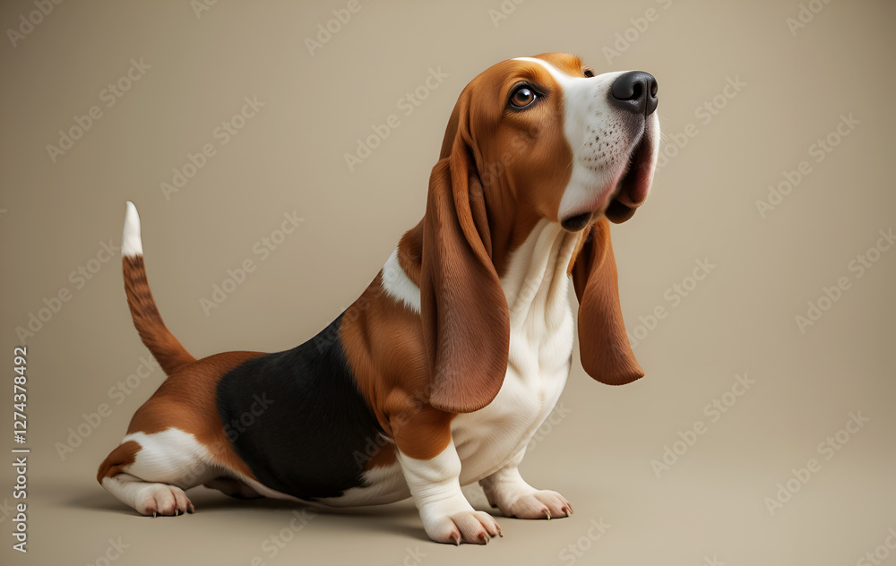 beautiful Basset dog doing yoga isolated on beige background. Digital artwork. Ai generated