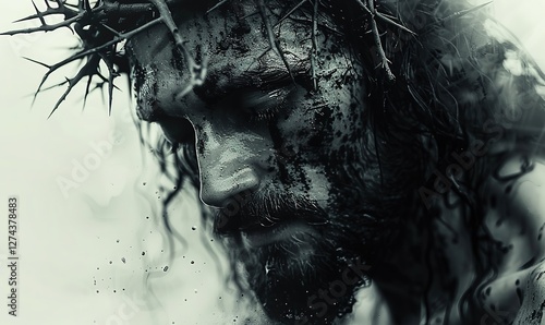 Jesus in a crown of thorns black and white