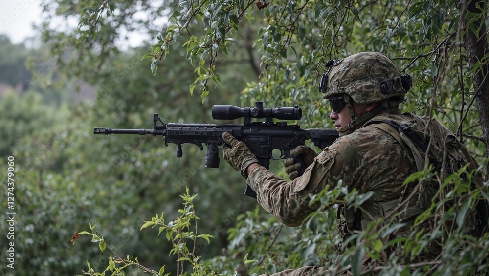 Stealthy marine sniper aiming from tree in dense foliage Stealthy marine sniper aiming from tree in dense foliage