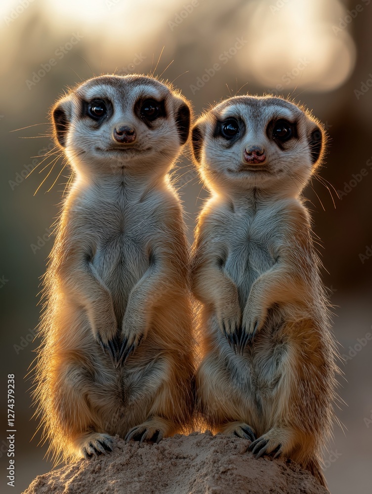 Fototapeta premium Two adorable meerkats standing side by side in the warm golden light of dawn creating a charming scene of wildlife