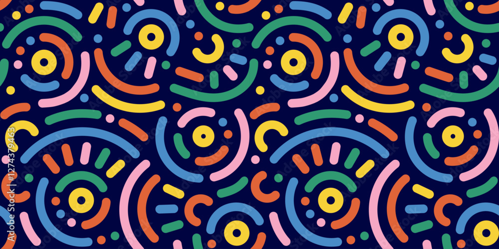 Obraz premium Memphis geometric seamless pattern. Abstract modern background with circles, curves, short rounded lines and dots. Fun kid doodle design element for cover, poster, banner, label, textile, wrapping 
