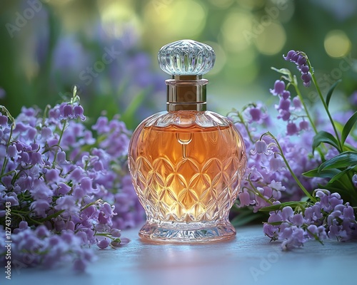 Elegant perfume bottle surrounded by blooming flowers, creating a serene and enchanting atmosphere