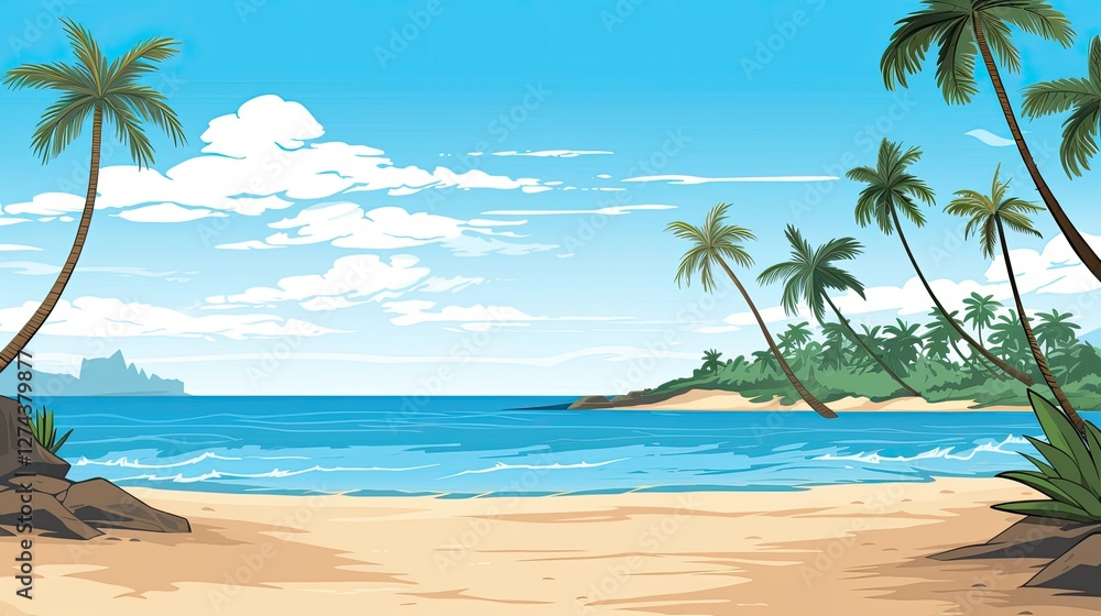 Fototapeta premium Composition of a tropical beach with palm trees, blue ocean, and sandy shore.