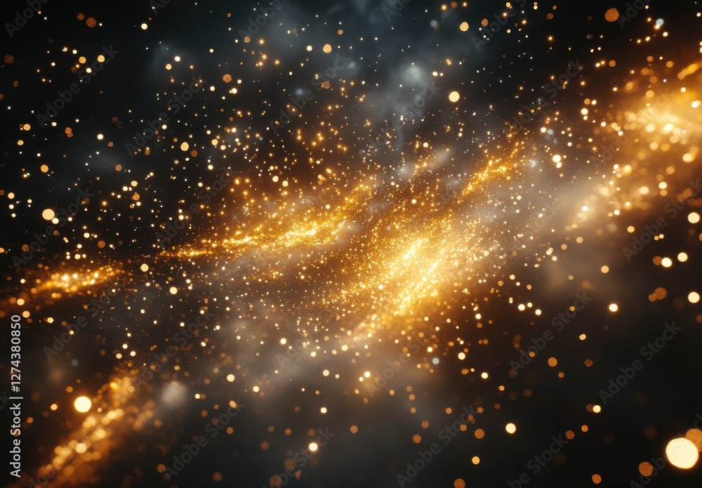 Fototapeta premium Ethereal Cosmic Scene with Glowing Golden Particles Amidst Dark Space Background and Subtle Nebula Clouds Creating a Dreamlike Atmosphere