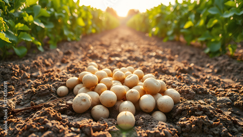 Organic eggs on farm soil at sunrise, representing sustainable farming, natural agriculture, and fresh food production for healthy, organic living. photo