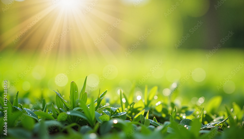 Obraz premium Dewdrops glistening on vibrant green grass, nature's beauty