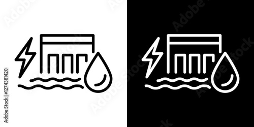 Hydroelectric power plant icon set. vector illustrations in black and white strokes