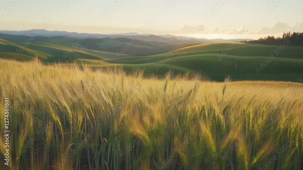 Golden Hour Wheat Field in Rolling Green Hills Golden Hour Wheat Field in Rolling Green Hills