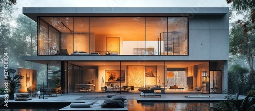 Wallpaper Mural Modern two-story house with large windows, illuminated interior, and pool. Torontodigital.ca