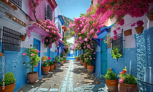 Amalfi coast look-like landscape, Italian town on the sea, terraced houses decorated with flowers. Mediterranean travel concept