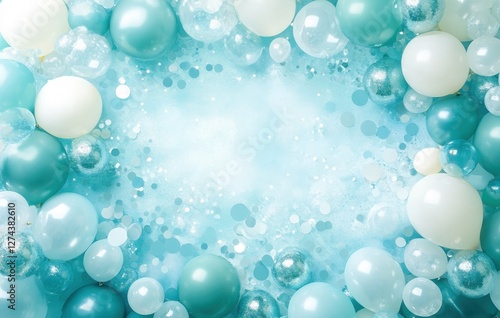 Wallpaper Mural Festive Background with a Assortment of Teal, White and Silver Balloons on a Light Blue Surface for Celebrations and Events Decoration Torontodigital.ca