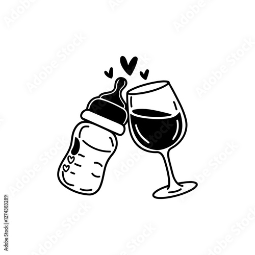Whimsical Black And White Illustration Of A Baby Bottle And A Wine Glass Touching