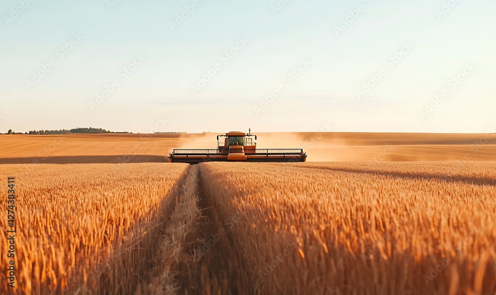 Fototapeta premium The vast wheat field stretches under a clear sky as a farmer skillfully operates a combine harvester, gathering the ripe crop during the golden hour of harvest.,