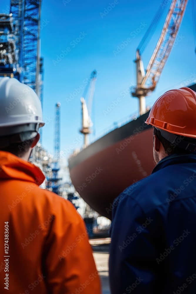 Shipbuilding Workers Observing Vessel Construction at Maritime Shipyard with Cranes and Equipment in Background Shipbuilding Workers Observing Vessel Construction at Maritime Shipyard with Cranes and Equipment in Background