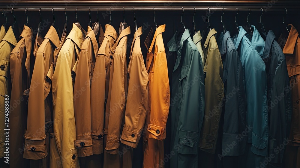 A high-end fashion display of trench coats in various shades, neatly arranged on dark wooden racks A high-end fashion display of trench coats in various shades, neatly arranged on dark wooden racks