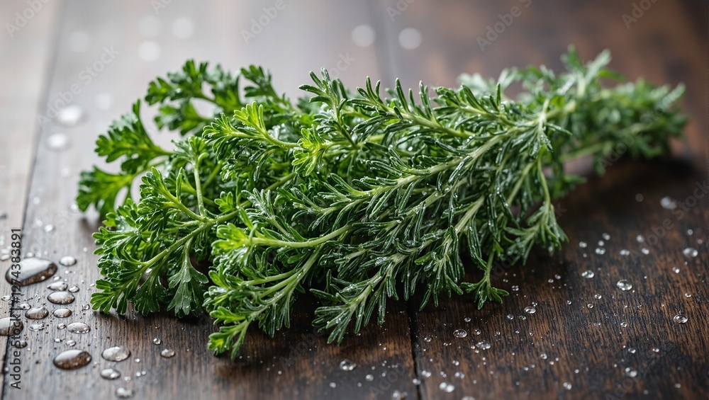Fresh parsley thyme and rosemary on dark wood with water droplets Fresh parsley thyme and rosemary on dark wood with water droplets