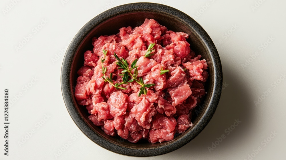 Freshly minced raw meat in a black bowl garnished with herbs on a clean white background Freshly minced raw meat in a black bowl garnished with herbs on a clean white background