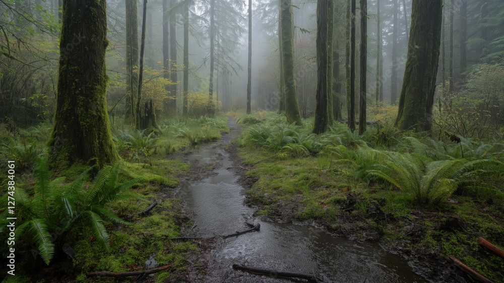 Obraz premium Misty Forest Path Tranquil Woodland Scene with Lush Greenery and a Stream