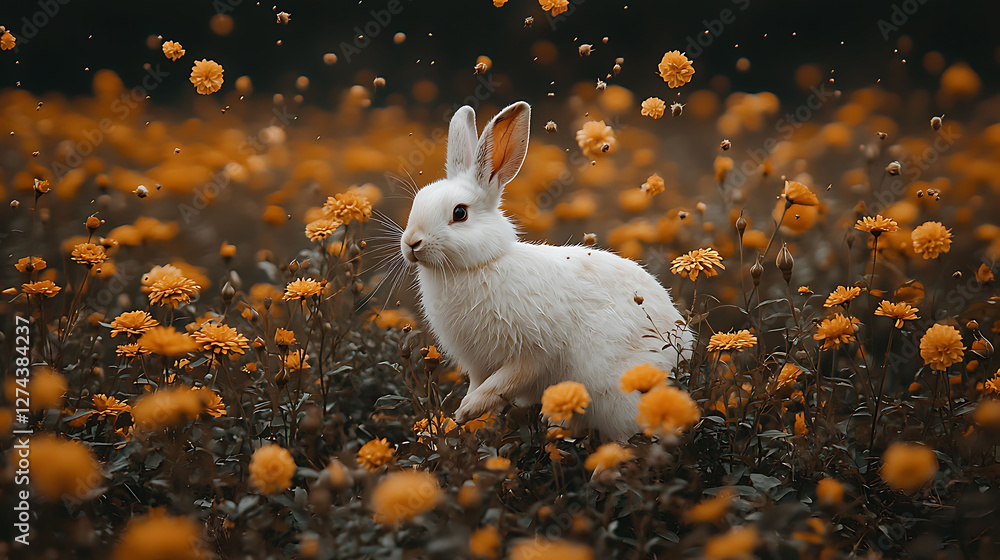 A fluffy white rabbit sits amidst a field of vibrant orange flowers, petals gently falling around it. This enchanting image evokes feelings of springtime, peace, and innocence. A fluffy white rabbit sits amidst a field of vibrant orange flowers, petals gently falling around it. This enchanting image evokes feelings of springtime, peace, and innocence.