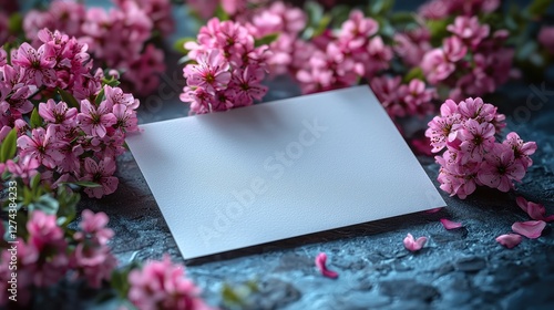 Blank card surrounded by vibrant pink flowers on a textured surface, ideal for invitations or messages