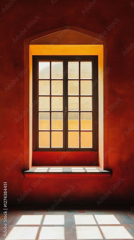 Elegant window with black frame and golden sunlight streaming through glass panes casting geometric shadows on red wall and floor, creating dramatic architectural composition Elegant window with black frame and golden sunlight streaming through glass panes casting geometric shadows on red wall and floor, creating dramatic architectural composition