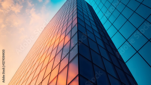 Skyscraper reaching up into the colorful evening sky, with glass facade reflecting light and creating a stunning modern architectural view. photo