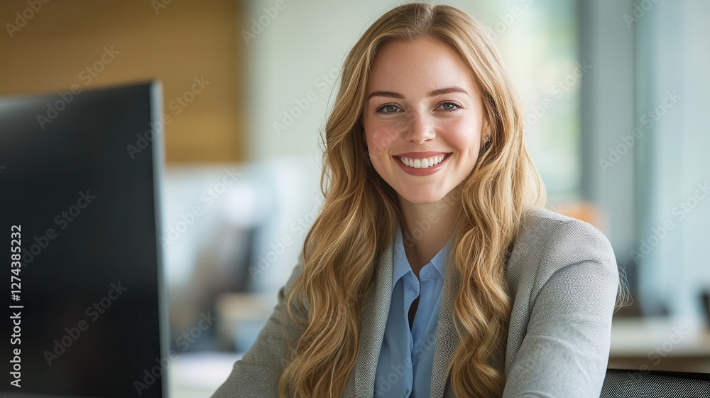 Smiling businesswoman in an office setting with computer, showcasing professionalism and confidence in a modern workspace Smiling businesswoman in an office setting with computer, showcasing professionalism and confidence in a modern workspace