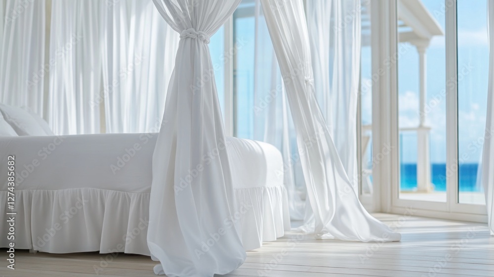 Luxurious honeymoon suite features a canopy bed and airy white curtains, offering breathtaking ocean views and soft natural light Luxurious honeymoon suite features a canopy bed and airy white curtains, offering breathtaking ocean views and soft natural light