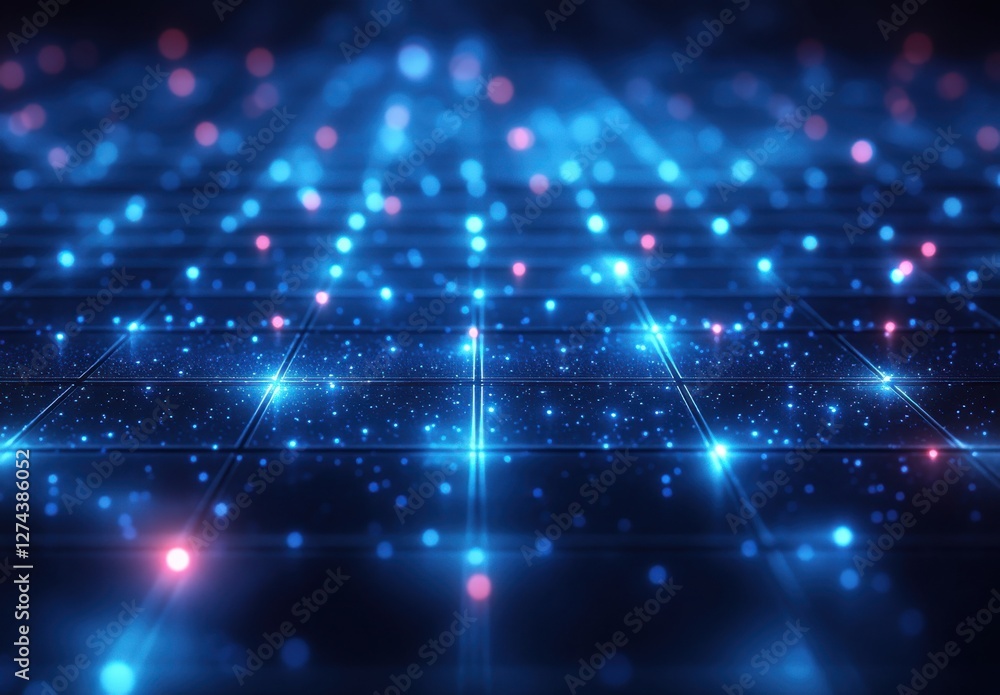 Futuristic glowing grid with shimmering particles in blue and pink tones, creating an abstract digital landscape for virtual technology themes Futuristic glowing grid with shimmering particles in blue and pink tones, creating an abstract digital landscape for virtual technology themes