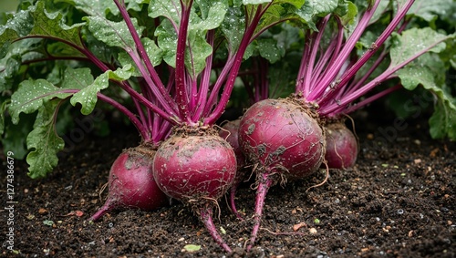 Fresh purple beets on soil with dew dropped green leaves