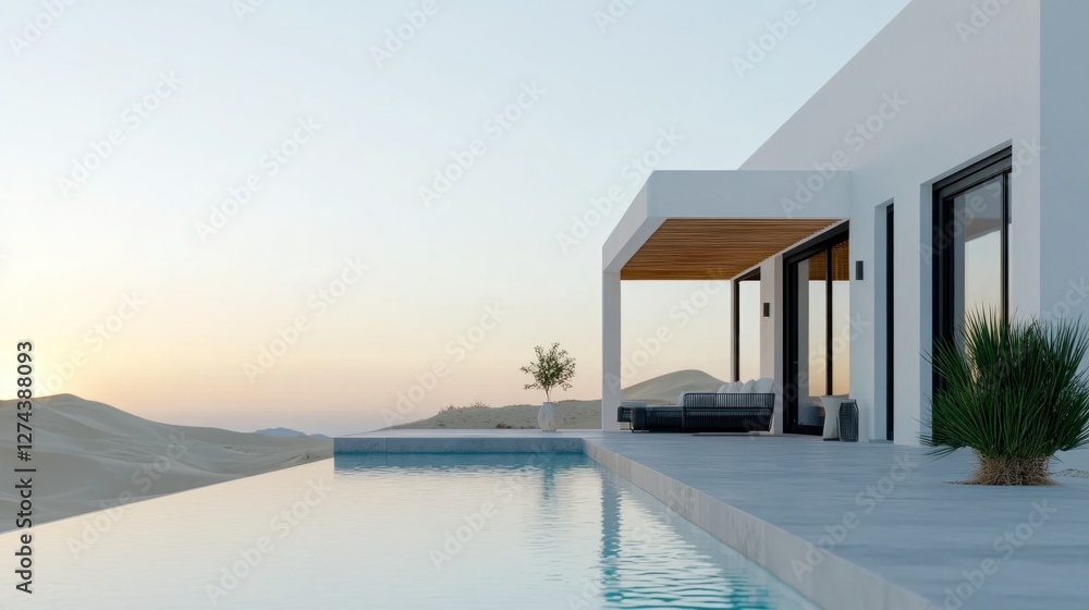 Fototapeta premium Luxurious desert villa overlooks vast sand dunes with an infinity pool, golden hues of sunset creating a serene atmosphere