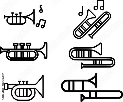 Trumpet and Trombone Vector Set | Brass Musical Instruments Line Art | Jazz and Orchestra Wind Instruments | Black and White Outline Icons for Music Designs, Posters, and Coloring Pages
