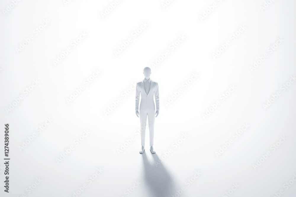 A faceless white figure in a suit stands alone on a bright white background, symbolizing anonymity or isolation. A faceless white figure in a suit stands alone on a bright white background, symbolizing anonymity or isolation.