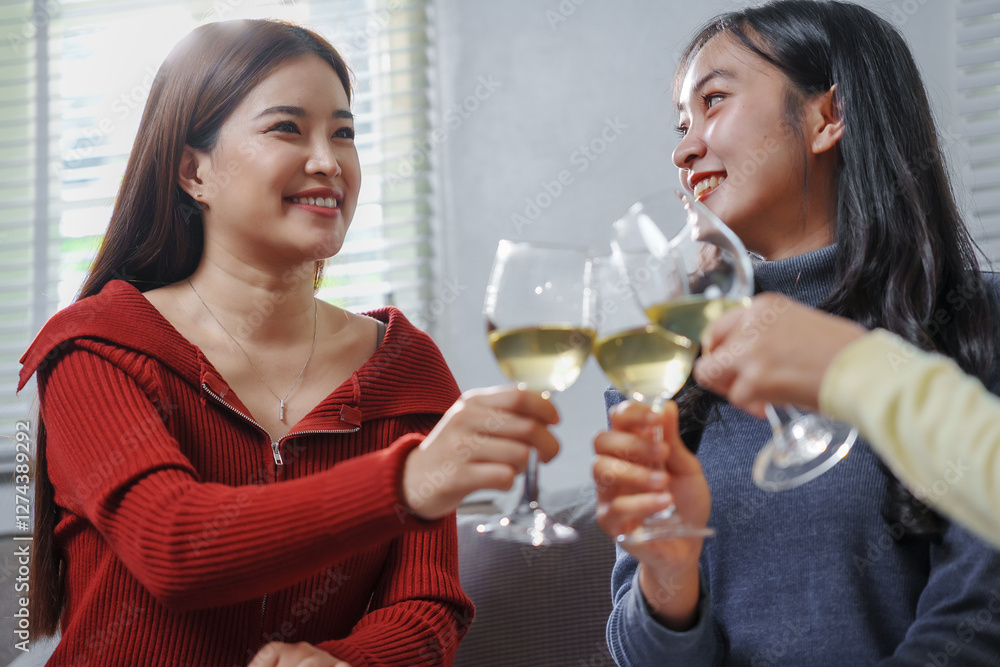 Friends Celebrating with Wine in Cozy Setting Friends Celebrating with Wine in Cozy Setting