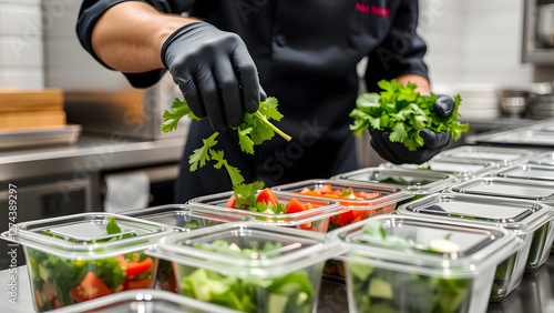 Chef's hand preparing fresh herbs and vegetables in a kitchen, perfect for culinary and food preparation themes with a focus on healthy ingredients. photo