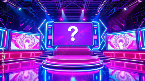 Colorful futuristic game show stage with bright lights and question mark, ideal for television, entertainment, and quiz show set design. photo