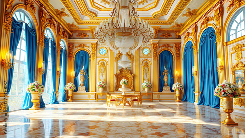 Lavish ballroom interior featuring golden accents and luxury decor, ideal for interior design, luxury lifestyle, and grand architectural photography. photo