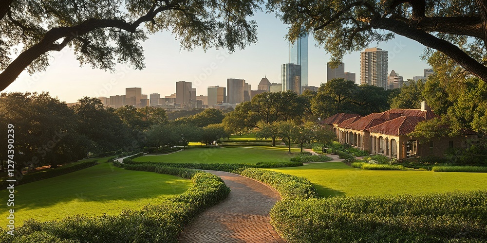 Naklejka premium Scenic view of a city skyline through lush green park at sunset with vibrant trees in the foreground