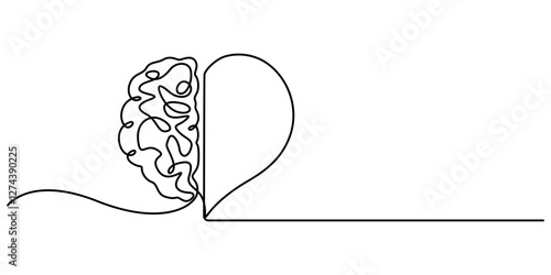 One continuous line drawing of half of a human brain and love in the shape of a heart logo icon. Philosophical of love and reason. Vector graphics post, One line drawing of half of a human brain style