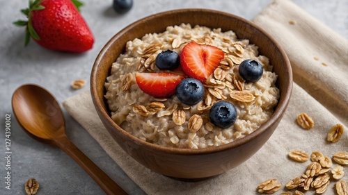 Avena integral con fresas y arándanos frescos, acompañada de granola, servida en un cuenco de madera photo