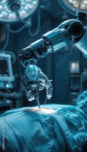 High-tech robotic arms skillfully navigate a patient in a modern surgical theater, highlighting the future of medicine with greater accuracy and minimal invasiveness in complex surgeries
