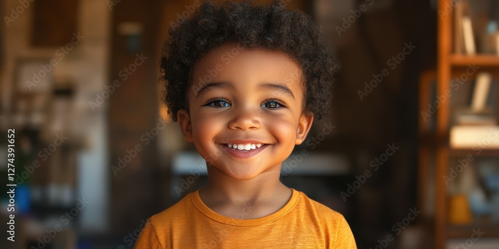 Joyful young child smiling brightly indoors, showcasing happiness and innocence in a warm atmosphere Joyful young child smiling brightly indoors, showcasing happiness and innocence in a warm atmosphere
