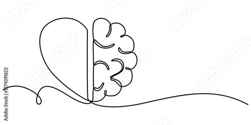 One continuous line drawing of half of a human brain and love in the shape of a heart logo icon. Philosophical of love and reason. Vector graphics post, One line drawing of half of a human brain style