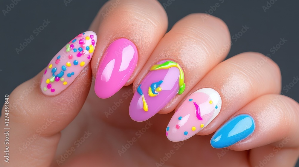 A hand holding a manicured hand with colorful nail polish and sprinkles. The manicured hand is decorated with a rainbow of colors and a sprinkle design A hand holding a manicured hand with colorful nail polish and sprinkles. The manicured hand is decorated with a rainbow of colors and a sprinkle design