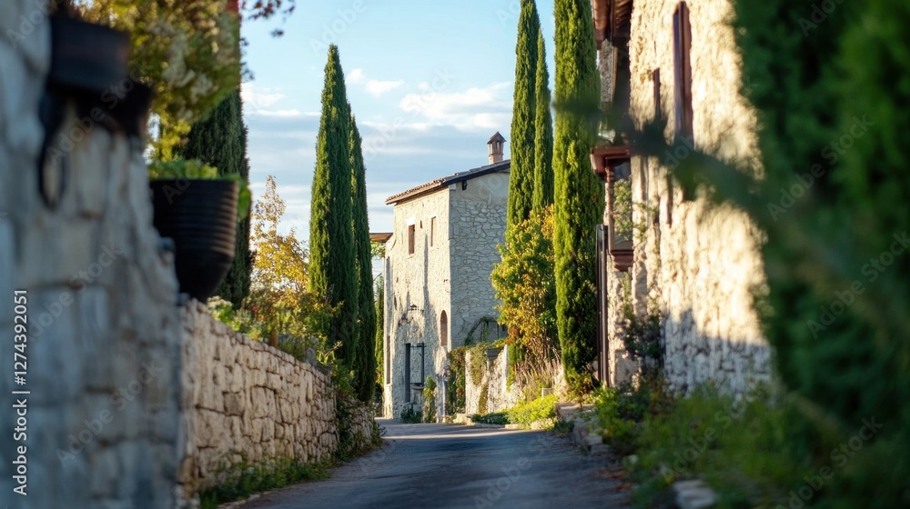 A narrow country road surrounded by tall cypress trees gently bends toward a distant stone villa, illuminated by soft natural light A narrow country road surrounded by tall cypress trees gently bends toward a distant stone villa, illuminated by soft natural light