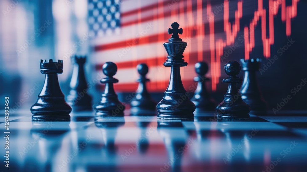 Naklejka premium Chess pieces positioned on a board with an American flag background