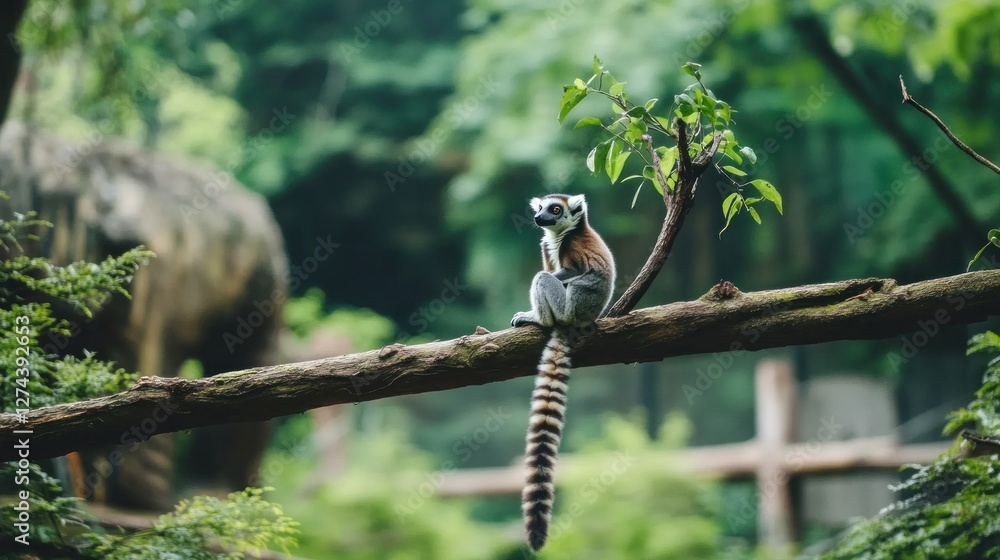 Naklejka premium Two playful lemurs sit on a tree branch, their long tails hanging as they curiously observe their surroundings in natural sunlight
