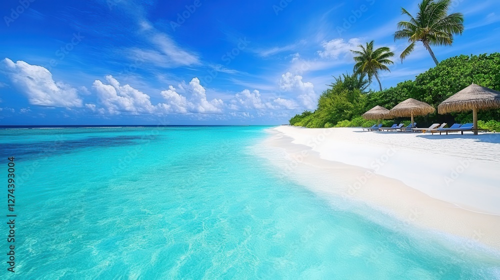 Fototapeta premium Tropical beach with clear turquoise water, white sand, palm trees, and sun loungers for relaxation in a paradise vacation destination.